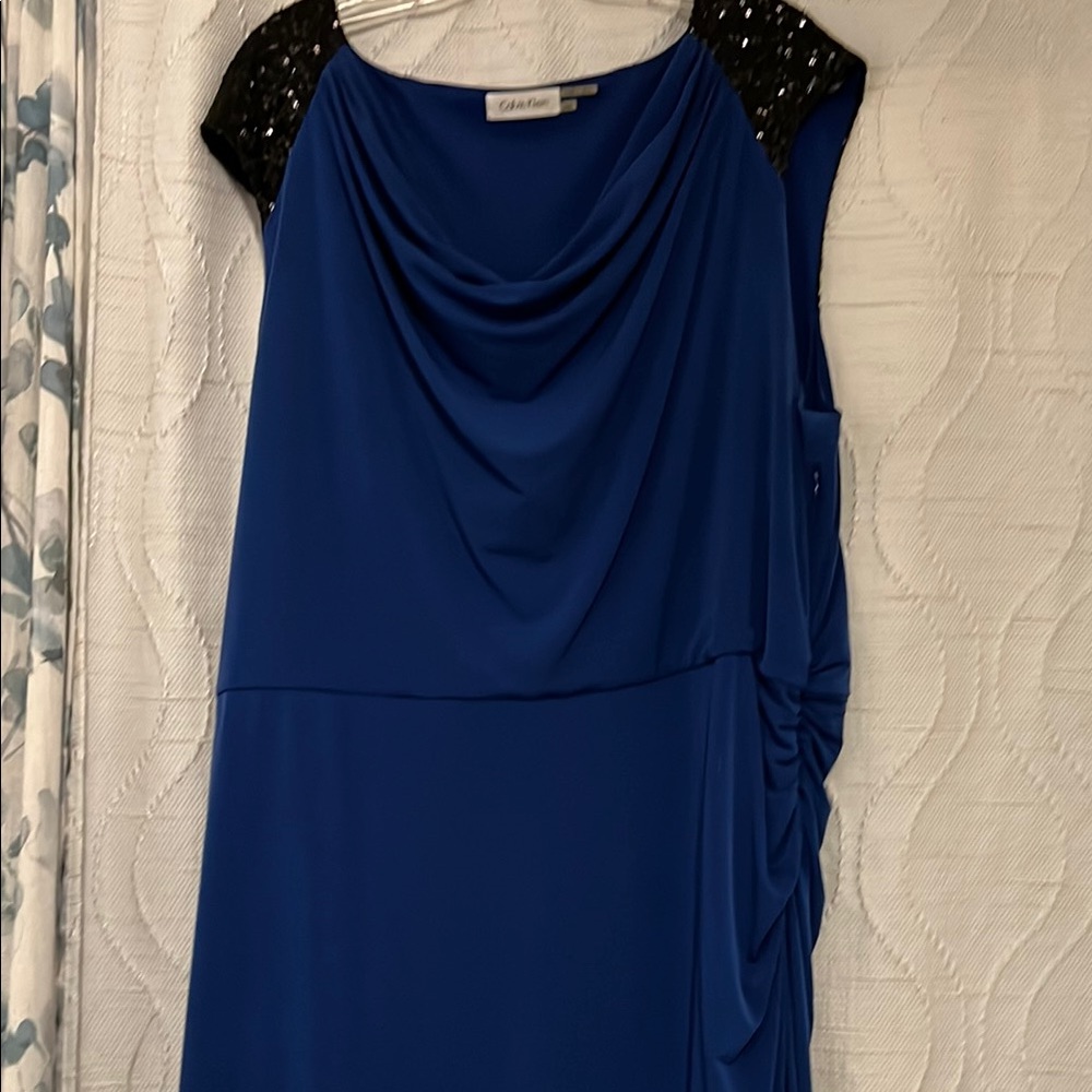 Calvin Klein Blue Asymmetrical Cowl Neck Cocktail Dress
